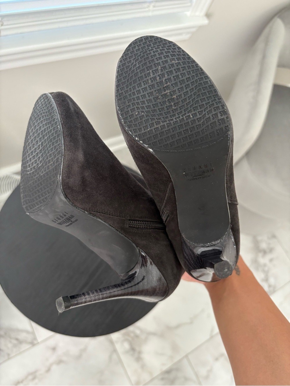 Stuart Weitzman Black Suede Peep-Toe Ankle Booties - Picture 8 of 9